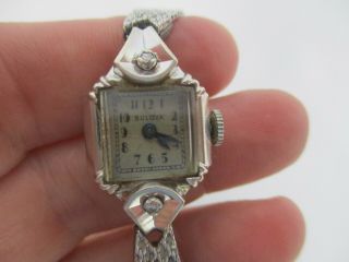 Vintage Bulova 14k White Gold With 2 Diamonds Art Deco Ladies Watch