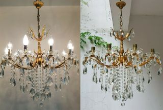 Matching Antique Vintage 10 Arms Brass & Crystals Chandelier Lighting