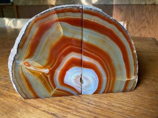Large Vtg Natural Polished Agate Rock Geode Stone Bookends Burnt Orange 7.  7 Lb