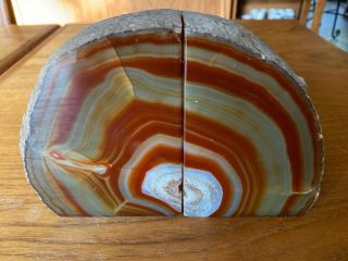 Large VTG Natural Polished Agate Rock Geode Stone Bookends Burnt Orange 7.  7 lb 2