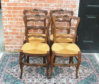 Set Of 4 French Antique Louis Xv Oak Rush Seat Chairs