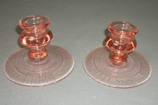 2 Vintage Pink Depression Ware Candlestick Holders - 3 " Tall X 4 7/8 " W - E Sb