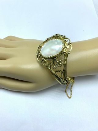 Vintage Signed Whiting And Davis Gold Tone Mother Of Pearl Hinged Bracelet