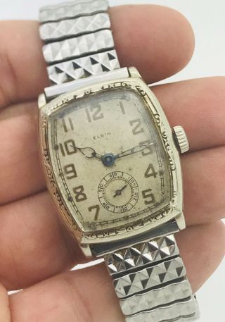 Antique Vintage 14k Gold Filled Art Deco Elgin White Men 30mm Large Wrist Watch