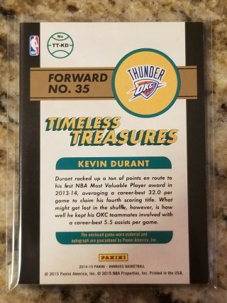 2014 - 15 Donruss Timeless Treasures Kevin Durant Auto /99 Jersey Card Autograph 2