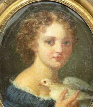 Antique Framed Oval Canvas Girl & Dove Pastel Painting 3