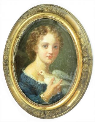 Antique Framed Oval Canvas Girl & Dove Pastel Painting 5