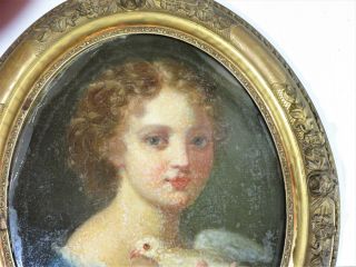 Antique Framed Oval Canvas Girl & Dove Pastel Painting 6