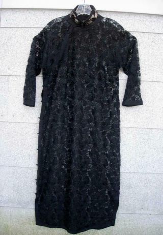 A Old Chinese Full Length Black Lace Cheongsam,  Qipao