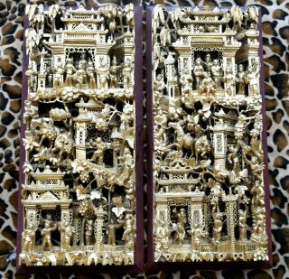 Antique Estate Old Chinese 2x 3d Wood Panels Carved In Asian Chinese Gilt Wood