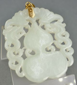 Fine Antique Chinese Carved Jade Double Gourd Vase & Bat Gold Necklace Pendant