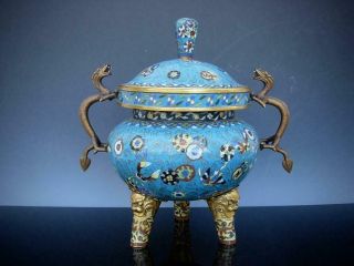 A Old Chinese Cloisonne Enamel Tri - Pod Censer And Cover
