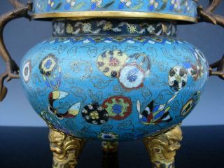 A OLD CHINESE CLOISONNE ENAMEL TRI - POD CENSER AND COVER 5
