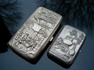 Two Antique Chinese Silver Cases W Dragon,  Figures,  Precious Objects,  Both Marked