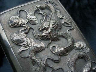 TWO ANTIQUE CHINESE SILVER CASES W DRAGON,  FIGURES,  PRECIOUS OBJECTS,  BOTH MARKED 4