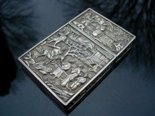 A ANTIQUE CHINESE SILVER CARD CASE WITH FIGURES IN LANDSCAPE SCENE 2