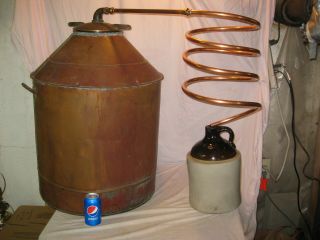Huge Huge Antique 43 Gallon Copper Moonshine Still With Coil And Moonshine Jug