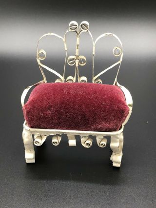 Vintage Miniature Folk Tramp Art Metal Scrolled Can Red Velvet Sofa Stool Chairs