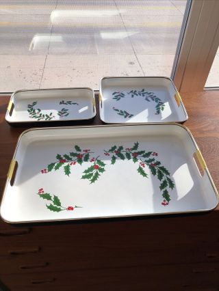 Vtg Retro Mcm Christmas Serving Tray Set Of 3 Lacquer Ware Holly Berries Japan