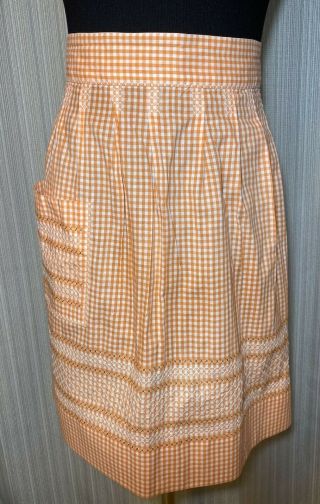 Vintage Apron Handmade With Cross Stitch Design And Pocket Orange White Checker