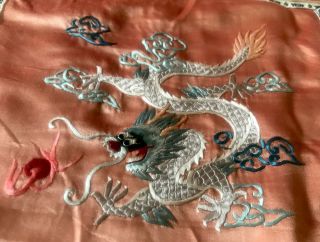 Vintage Chinese Silk Panel Hand Embroidered Textile Dragon～ 15”x15”