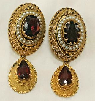 Antique Victorian Tiffany & Co.  14k Yellow Gold,  Garnet Seed Pearls Clip Earrings