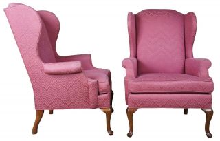 2 Queen Anne Traditional Wingback Club Library Accent Arm Chairs Pink Vintage