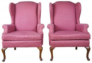 2 Queen Anne Traditional Wingback Club Library Accent Arm Chairs Pink Vintage 2