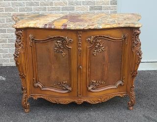 Antique Walnut French Louis Xv Rococo Marble Top Dining Room Serving Cabinet