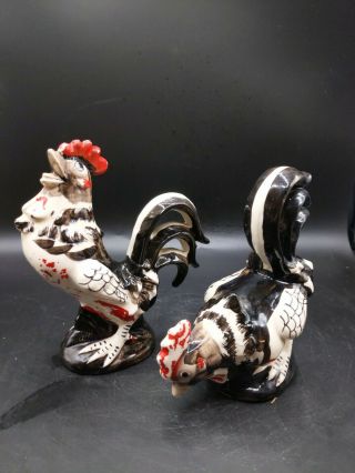 Vintage Rooster And Hen Figurines Black/white Ceramic Made In Japan Cold Painted
