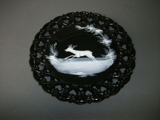 Vintage Westmoreland Black Milk Glass Plate - Lattice Work - Hand Painted - H Sb