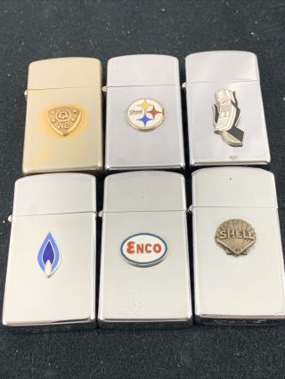 6 Slim Zippo Lighters With Advertising Emblems - Enco,  Pittsburgh Steel,  Shell,
