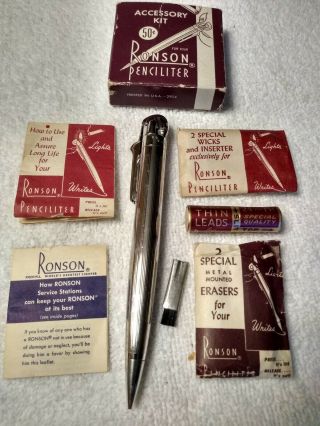 Ronson Penciliter Silver Rhodium Plate With Accessory Kit
