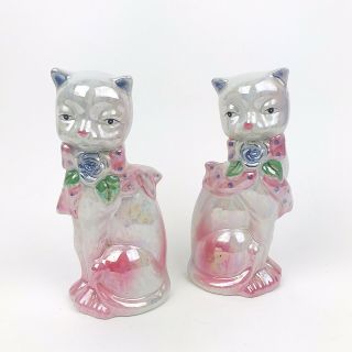 Vtg Set Of 2 Pink Iridescent Tall Cat Figurines Lusterware Floral Pink Bow