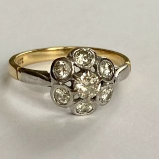 Antique Art Deco 18ct Gold 0.  65ct Old Cut Diamond Cluster Daisy Ring 1920s
