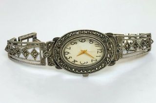 Vintage Sterling Silver Marcasite Art Deco Style Ladies Wristwatch/