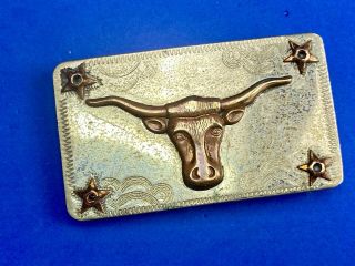 Vintage Texas Longhorn Cow Steer Head Nickel Silver Belt Buckle Stars In Corner