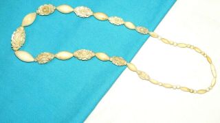 Vintage Celluloid & Molded Glass Ornate Bone Beaded Rose Necklace 25 " - Estate