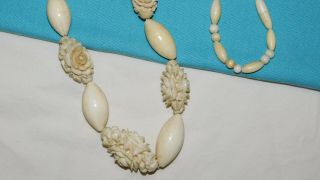 Vintage Celluloid & Molded Glass Ornate Bone Beaded Rose Necklace 25 