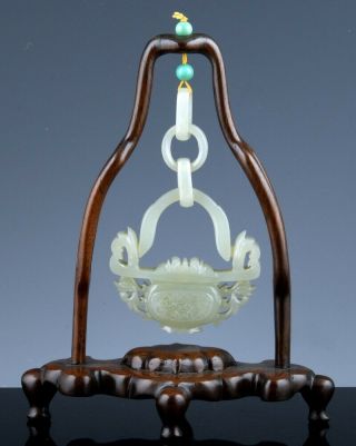 Fine Antique Chinese Carved Celadon Jade Swinging Basket Chain Pendant W Stand