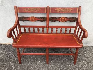 Antique Diminutive Sheraton Paint Decorated Bench Settee 35”x 41 1/2” X 15 1/2”