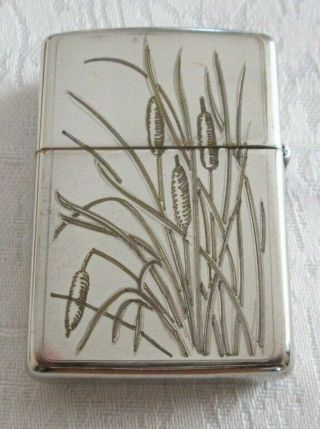 Vintage 1992 Zippo Lighter Silver Plated With Gold Inlay Cattails