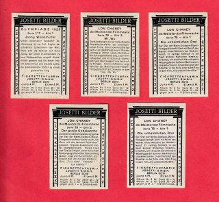 LON CHANEY - TARZAN JOHNNY WEISSMULLER 5 Vintage 1928 Josetti Cigarette Cards 2