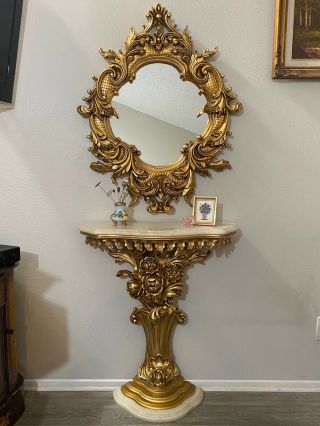 Polrey French Provincial Rococo Marble Top Gold Gilt Console Table & Mirror Euc