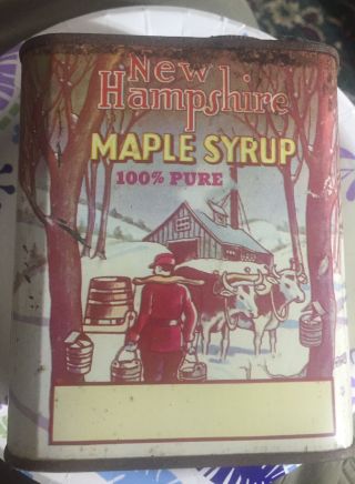 Vintage State Of Hampshire Pure Maple Syrup Tin Can Quart Early Can