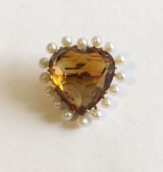 Antique Art Nouveau 14k Black Star & Frost Heart Shaped Citrine Pin With Pearls