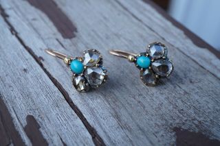 Antique Victorian 18k Gold Rose Cut Diamond Turquoise Earrings