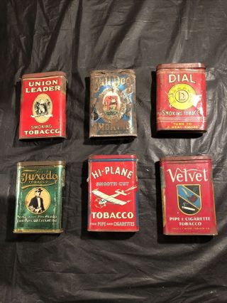 6 Vintage Pocket Tobacco Tins Bull Dog Hi - Plane Tuxedo Dial Velvet Union