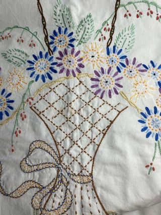 Vintage White Hand Embroidery Flower Basket Ribbon Buttonhole 76x50” Tablecloth