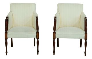 46512ec: Pair Statesville Sheraton Mahogany Upholstered Club Chairs